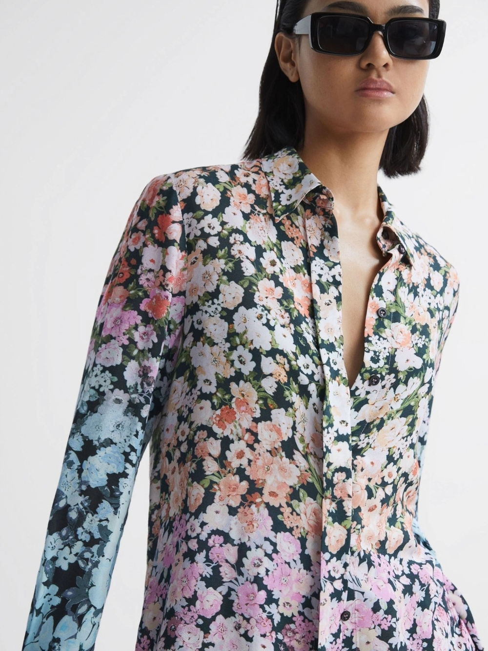 Reiss Serena Floral Button-Up Blouse Concealed Botton
